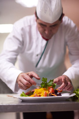 chef in hotel kitchen preparing and decorating food
