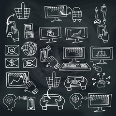 Doodle scheme seo communication with icons.Chalkboard