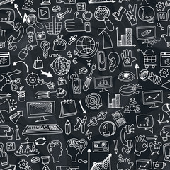 Doodle seo icons in seamless pattern on chalkboard