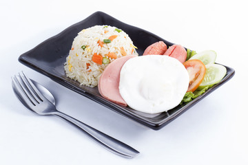 Fried Rice with Egg Ham and Sausage on the Plate