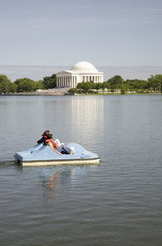 Paddle boat floating by the Jefferson Memorial on the Tidal Basin, Washington, DC