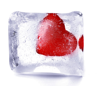 Red Heart In Ice Cube Isolated On White