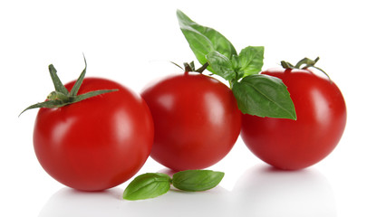 Cherry tomatoes with basil isolated on white
