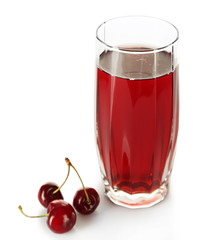 Glass of fresh juice with cherries isolated on white