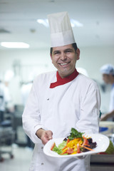 chef in hotel kitchen preparing and decorating food