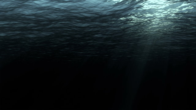 High quality perfectly seamless loop digital animation of deep dark ocean waves from underwater background, light rays shining through, high definition 4k and 1080p