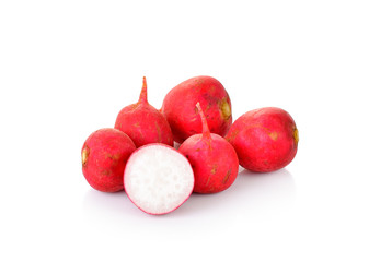 Fresh red radishes on white background