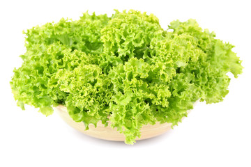 Green fresh lettuce in bowl isolated on white
