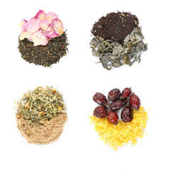 Various kinds of herbal tea and herbs spices isolated on white