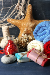 Spa treatments on blue background. Sea spa concept