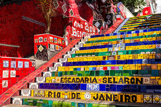 Escadaria Selaron in Rio de Janeiro, Brazil. Escadaria Selaron is a set of world-famous steps decorated with blue, green and yellow tiles – the colours of the Brazilian flag.