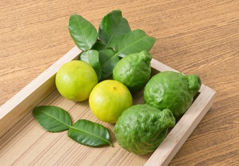 Fresh Kaffir Lime with Lemon Lime on Wooden Tray