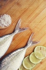 Fototapeta na wymiar Fresh raw fish ,lemon and salt