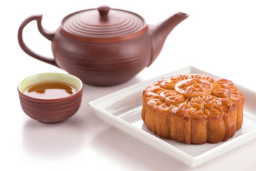 Mooncakes. Traditional Mooncak eand hot tea - Chinese cake