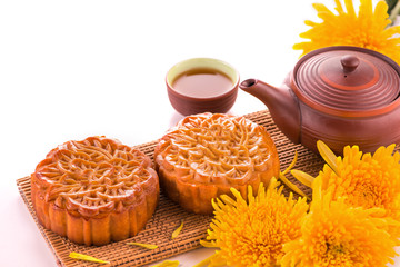 Mooncakes. Traditional Mooncake and hot tea - Chinese cake