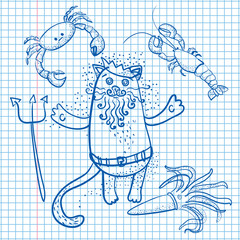 Neptune cat and  crab, squid, lobster drawn on sheet of paper