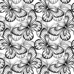 seamless background of butterflies black and white colors.