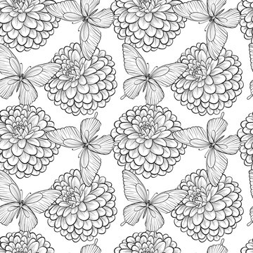 Beautiful seamless background with monochrome black and white butterflies and dahlias. Hand-drawn contour lines and strokes.