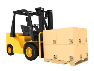 Forklift truck with boxes on pallet.