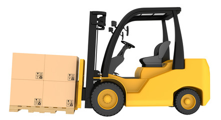 Forklift truck with boxes on wooden pallet.