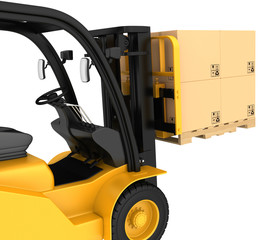 Forklift truck with cardboard boxes on wooden pallet