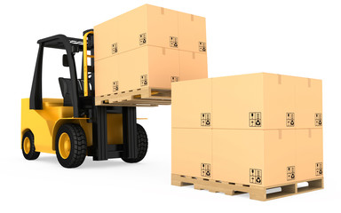 Forklift truck with cardboard boxes on wooden pallet