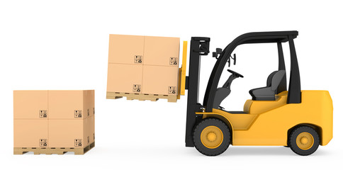 Forklift truck with cardboard boxes on wooden pallet