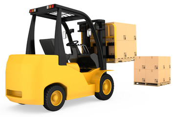 Forklift truck with cardboard boxes on wooden pallet