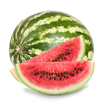 ripe watermelon with slices close-up isolated on a white background