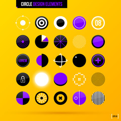 Set of 25 circle design elements on bright yellow background in modern corporate style. EPS10