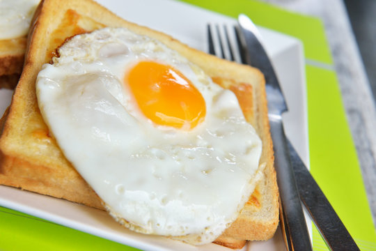 Dish croque-madame with beautiful fried eggs, bread and ham, shallow DOF in natural light closeup image