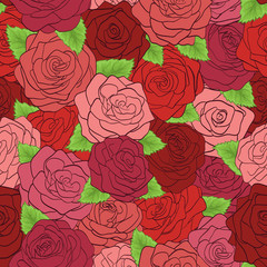 seamless pattern red roses with green leaves