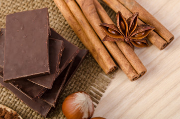 cinnamon stick, star anise and chocolate with nuts