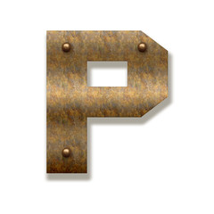 Rusty metal letter P. Alphabet isolated on white background