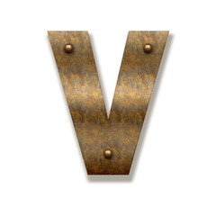 Rusty metal letter V. Alphabet isolated on white background
