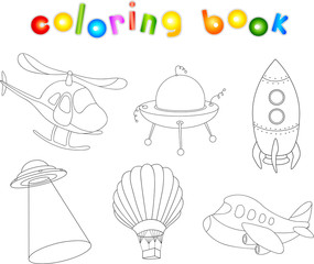 Set of air transport: balloon, aircraft, helicopter, rocket, fly