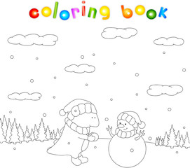 Cute chubby dragon sculpts snowman in a snowy forest. Christmas