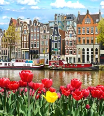 Selbstklebende Fototapete Amsterdam Schöne Landschaft mit Tulpen und Häusern in Amsterdam, Holland