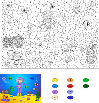 Color by number educational game for kids. Diver on the ocean fl
