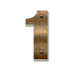Old rusty metal of number one on white background