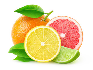 Fresh citrus fruits isolated on white, with clipping path - obrazy, fototapety, plakaty