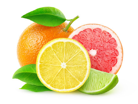 Fresh citrus fruits isolated on white, with clipping path