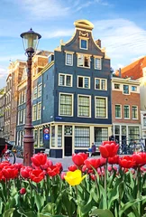 Papier Peint photo autocollant Amsterdam Beau paysage avec des tulipes et des maisons à Amsterdam, Hollande