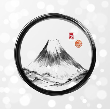 Fujiyama mountain in black enso zen circle