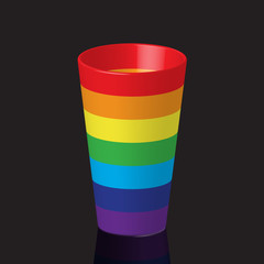 Colorful rainbow plastic cup with reflection, on dark background