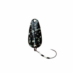 Metal spoon-bait for trout fishing on white background.