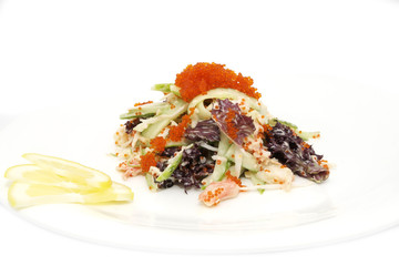 salad with shrimp and caviar on a white background