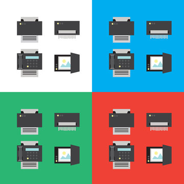 Print, scanner, fax and shredder flat icons or illustrations