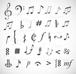 Music notes and signs hand-drawn in sketchy style