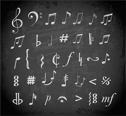 Music notes and signs hand-drawn in sketchy style
